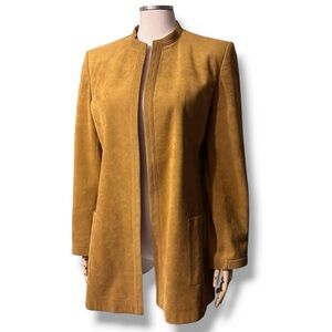 MISS STYLE Cognac Faux Suede Open Front Topper Jacket Band Collar VINTAGE
